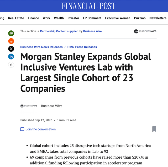 Morgan Stanley Expands Global Inclusive Ventures Lab with Largest Single Cohort of 23 Companies